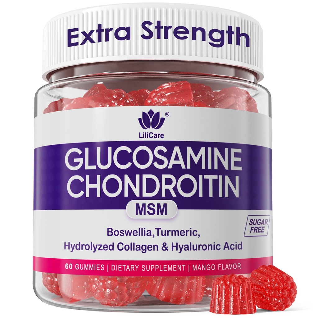 Γλυκοζαμίνη Chondroitin Gummies, ζάχαρη χωρίς Γλυκοζαμίνη MSM συμπλήρωμα, επιπλέον δύναμη με Boswellia Turmeric, υδρολυμένο κολλαγόνο & υαλουρονικό οξύ, υγεία των οστών για άνδρες και γυναίκες, 60 Cts