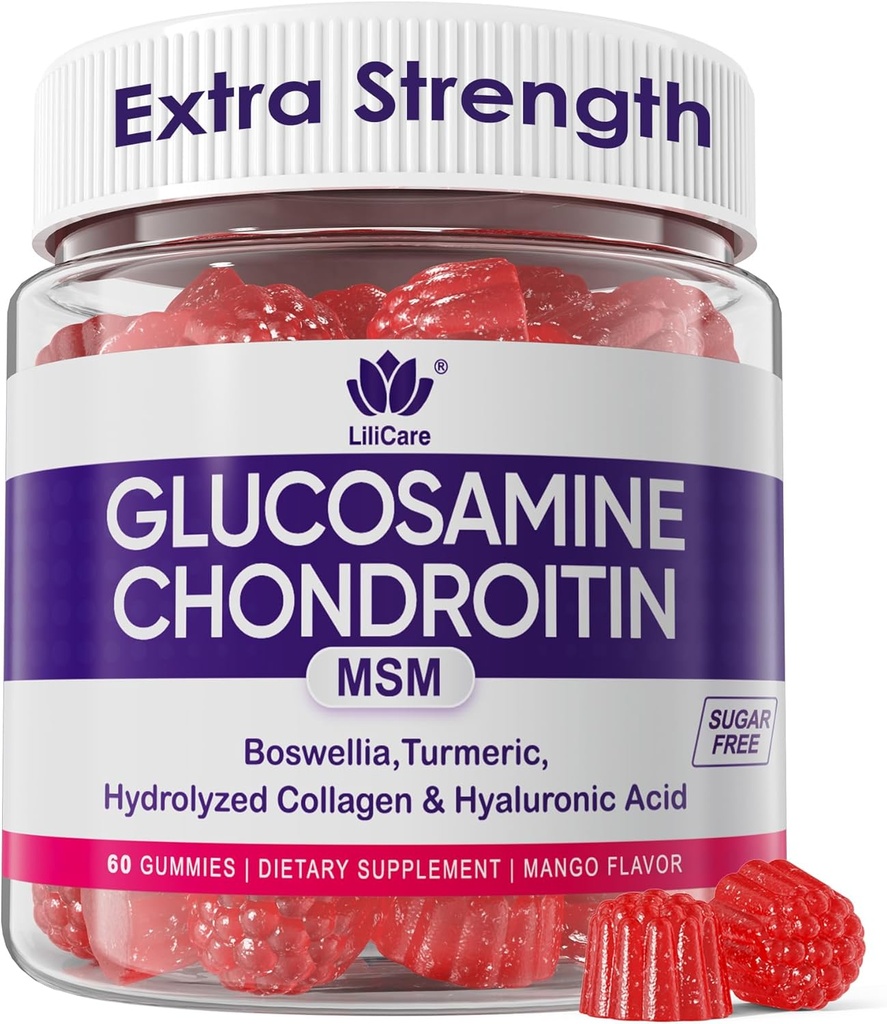 Γλυκοζαμίνη Chondroitin Gummies, ζάχαρη χωρίς Γλυκοζαμίνη MSM συμπλήρωμα, επιπλέον δύναμη με Boswellia Turmeric, υδρολυμένο κολλαγόνο & υαλουρονικό οξύ, υγεία των οστών για άνδρες και γυναίκες, 60 Cts