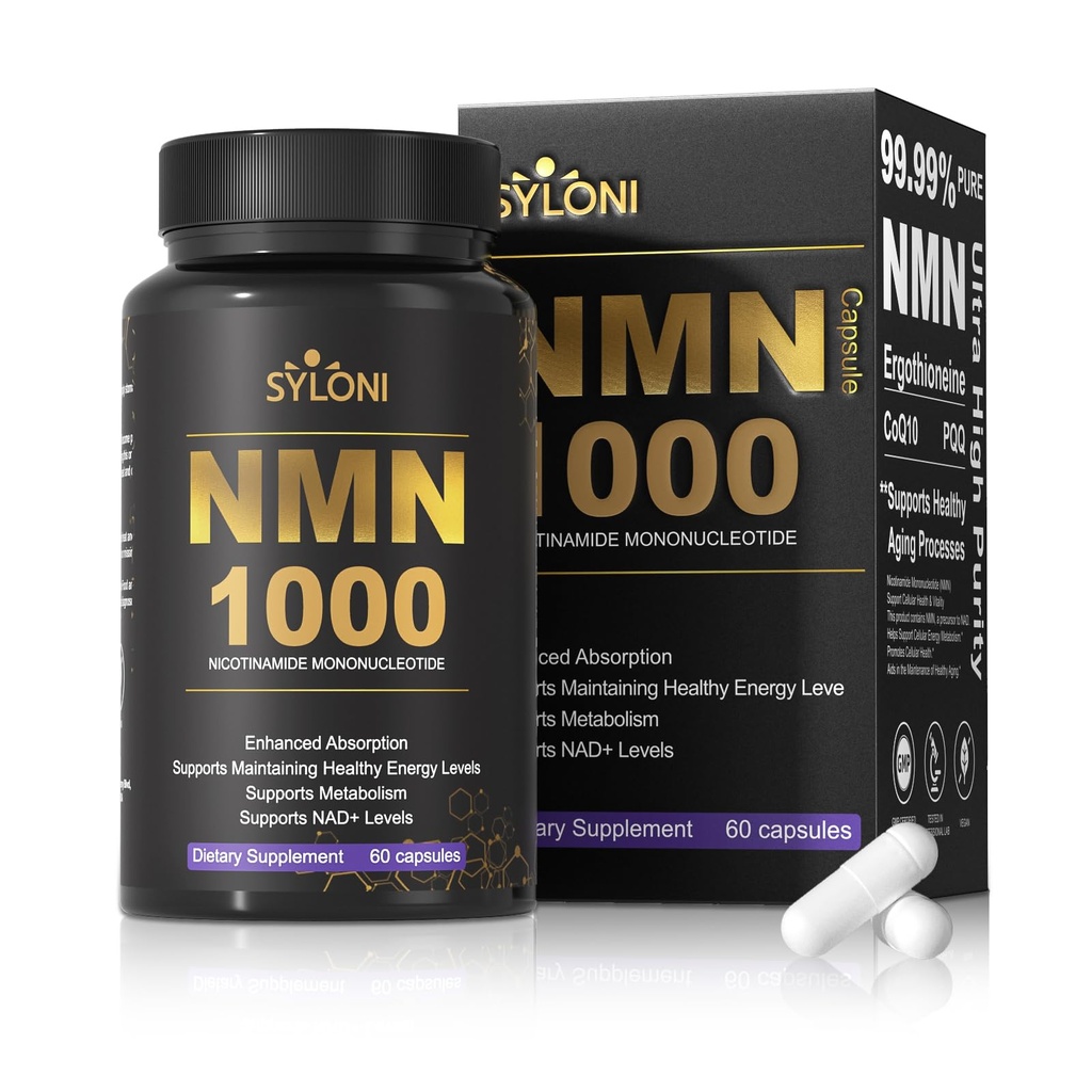 NMN Supplement 1000mg, 7-in-1 NAD+ Support with PQQ, CoQ10, L-Ergothioneine, Grape Seed and Green Tea, Cellular Energy and Healthy Aging, 60 Capsules, 30-Day Supply