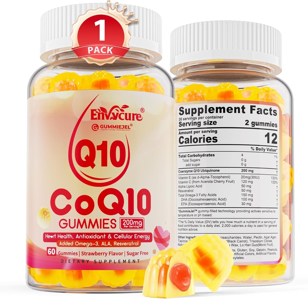 Sugar Free CoQ10 200mg Filled Gummies, 5X Better Absorption CoQ10 w/Resveratrol, Alpha Lipoic Acid, Omega-3, Vitamin E, C, Coenzyme Q10 for Cellular Energy, Heart, Brain, and Antioxidant (1Pack)