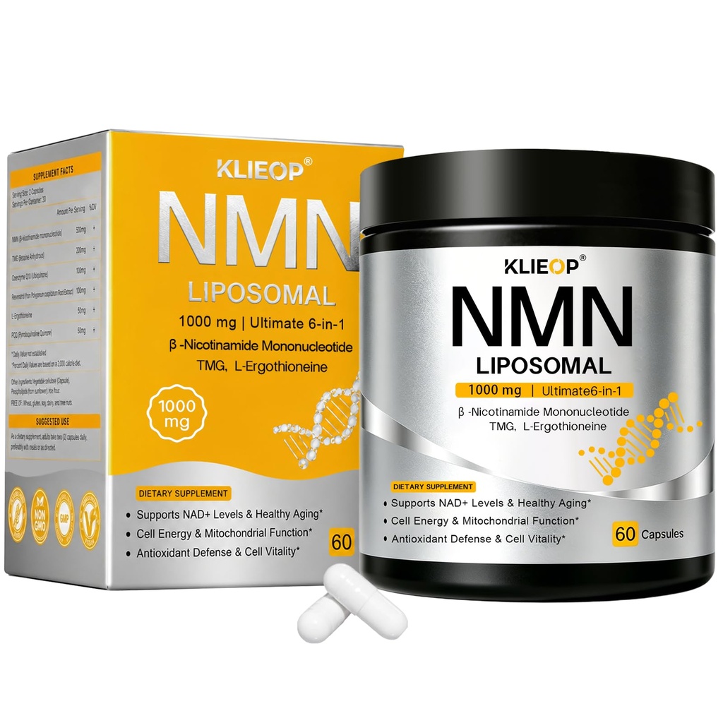 NMN Supplement 1000mg with CoQ10, Resveratrol & PQQ | 6-in-1 Liposomal NAD+ Booster for Cellular Energy & Vitality | 60 Capsules