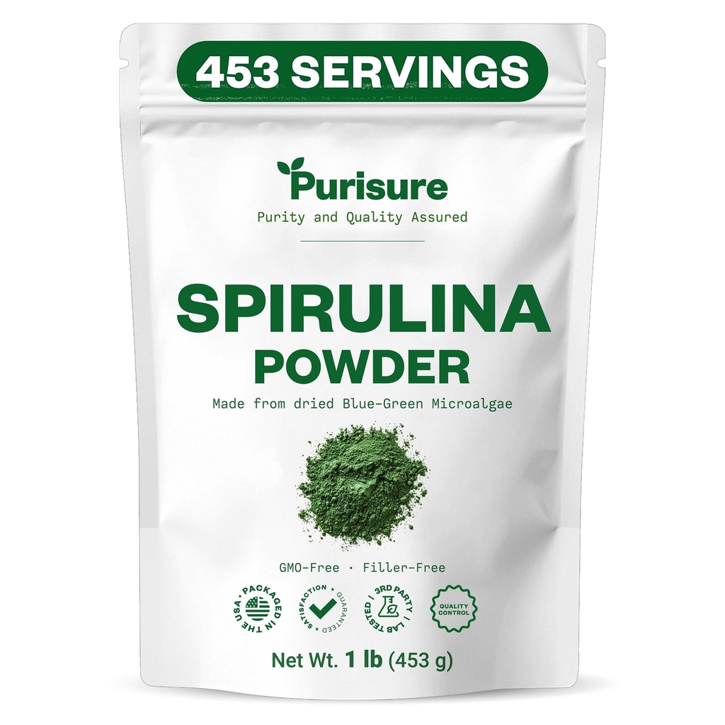 Purisure Spirulina Powder, 453g, Pure Spirulina Powder, Algae Powder Superfood Supplement, Preferred to Chlorella, Vegan Spirulina Powder for Smoothies and Protein Drinks, 453 Servings