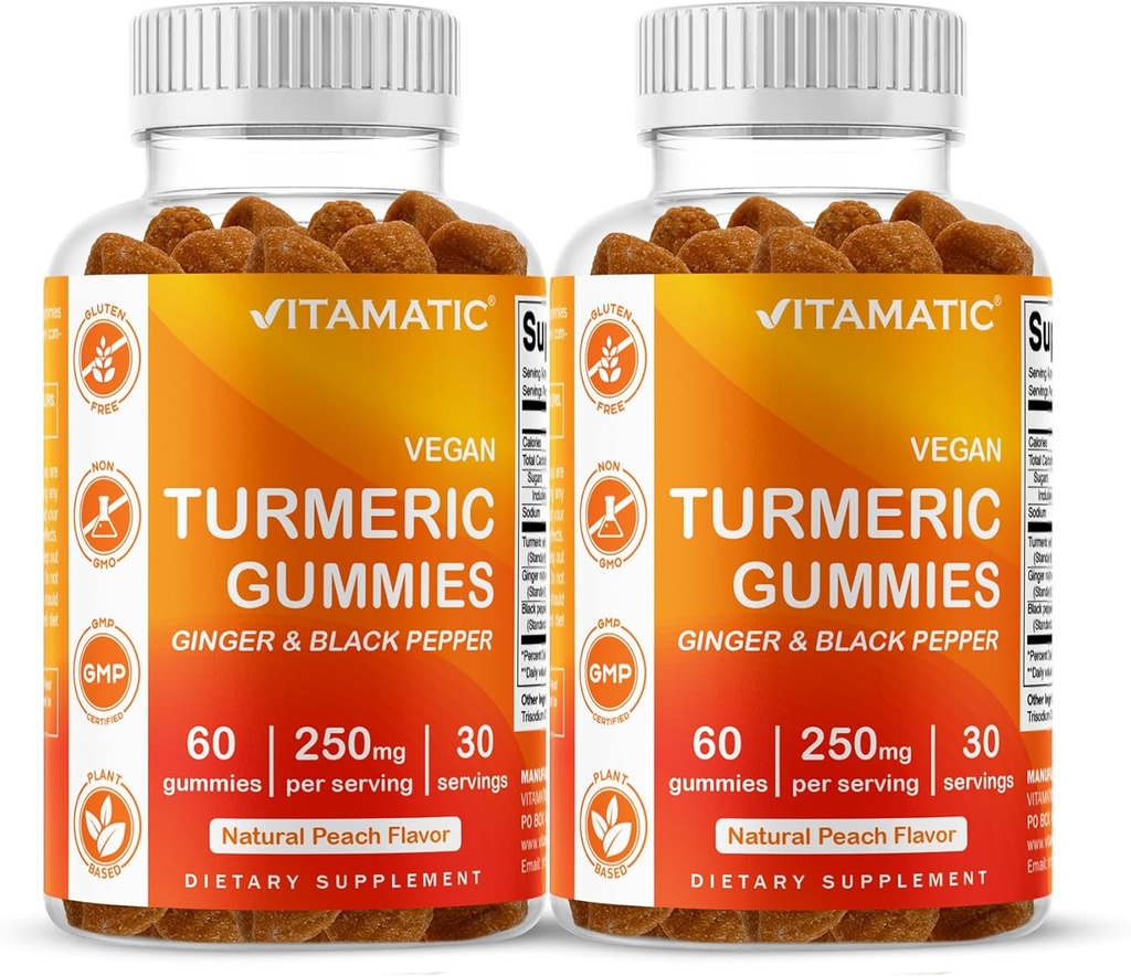 Vitamatic Turmeric Gummy with Ginger & Black Pepper Extract – 60 Vegan Gummies Each 