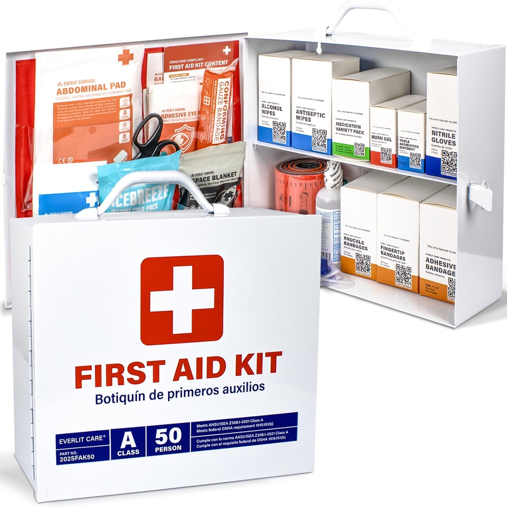 EVERLIT CARE 2-Shelf OSHA-Compliant First Aid Kit, ANSI Class A 50 Person Emergency First Aid Cabinet for Business, Job Site, Industrial Manufacturing Facility, Restaurant, and Kitchen
