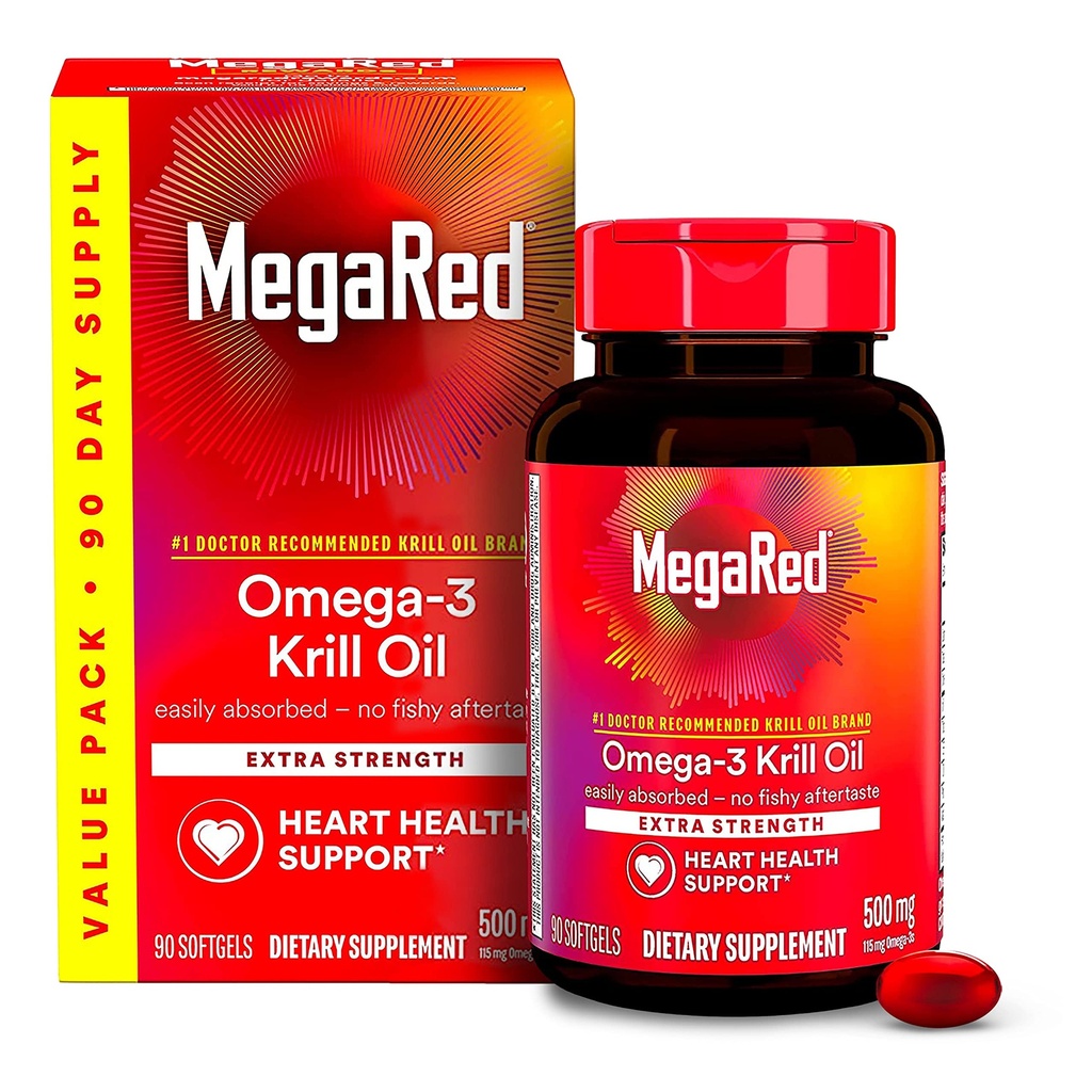 MegaRed Antarctic Krill Oil 500mg Omega 3 συμπλήρωμα λιπαρών οξέων, επιπλέον δύναμη EPA & DHA Softgels πετρελαίου κριλ (90cnt Box), Ασταξανθίνη, συμπλήρωμα υγείας καρδιάς με καμία επίγευση ιχθυέλαιου