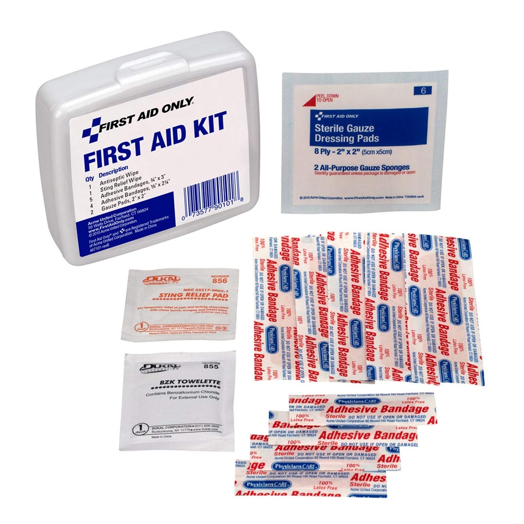 First Aid Only PhysiciansCare On-The-Go Emergency First Aid Kit for Home, Work, and Travel, 13 Pieces (Antiseptic wipes, Sting Relief wipes, Gauze pads, Bandages)