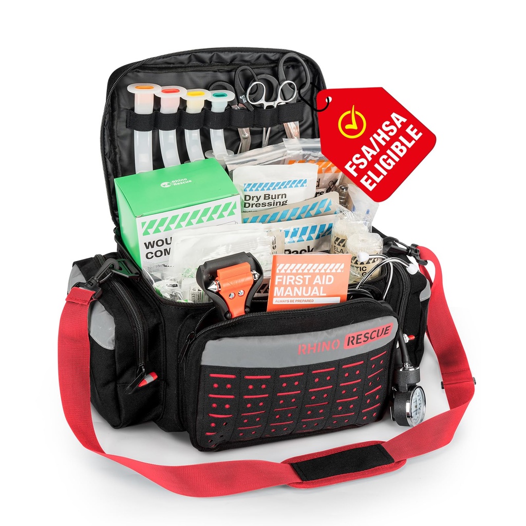 RHINO RESCUE First Responder First Aid Kit Fully-Stocked EMT Bag(Black,25L) | Professional EMT/EMS Trauma Medical Kit, Molle System & Reflective Stripe, 300+ First Aid Supplies, Suits for Business, Home