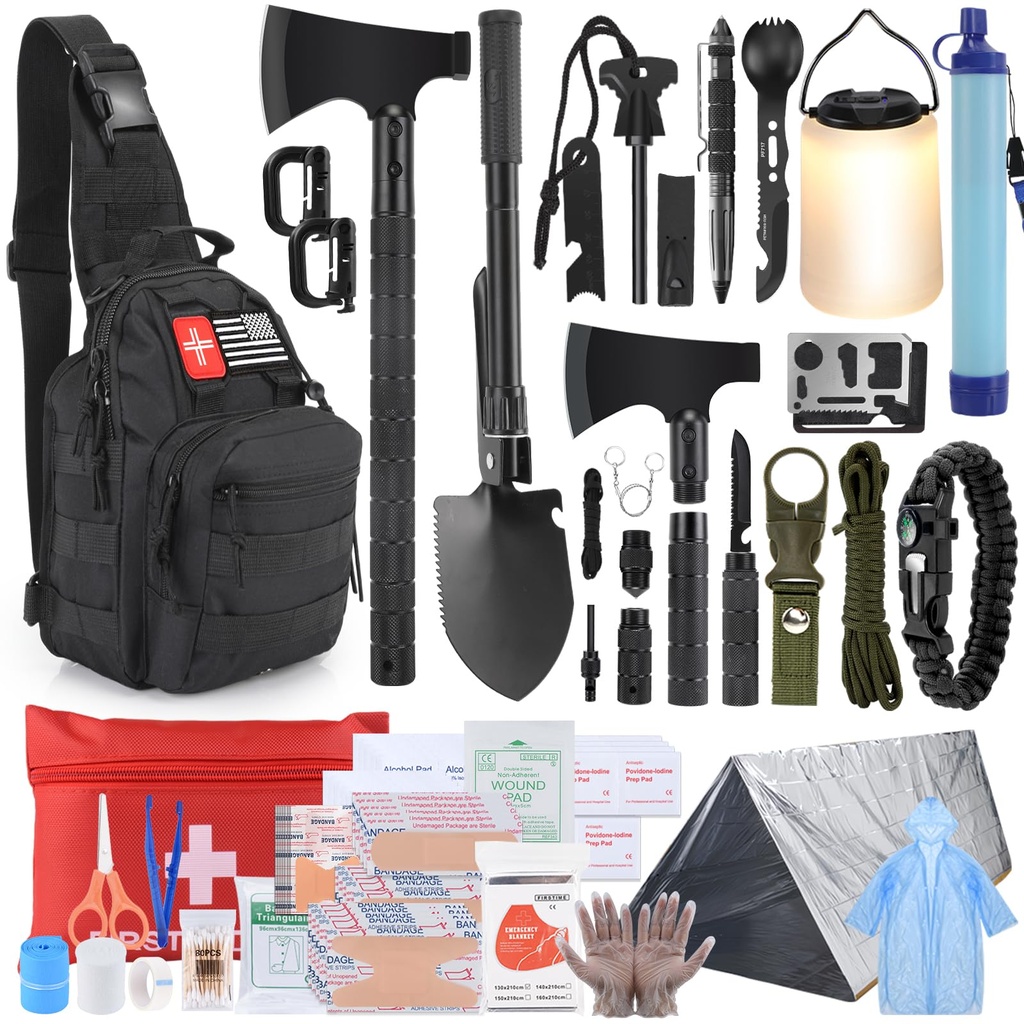 Survival Kit–219Pcs Bug Out Bag with First Aid Kit, Crossbody Bag, Axe, LED Camping Lantern & Water Filter–Emergency Gear for Outdoor Hiking, Hunting, Car Disaster Preparedness–Gift for Men Dad