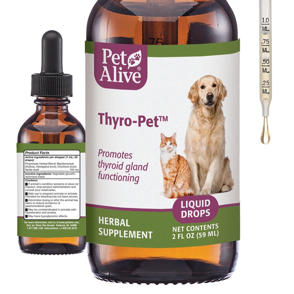 Thyro-Pet - Herbal Thyroid Support Supplement for Dogs & Cats - | Liquid Formula with Bladderwrack, Nettle, & Astragalus - Plant-Based Daily Drops for Healthy Thyroid Function - 2 oz Tincture