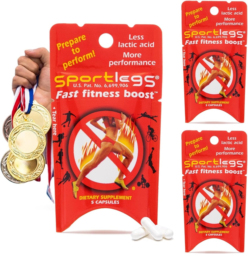 SPORTLEGS Fast Fitness Boost Προ προπόνηση για άνδρες και γυναίκες, συμπλήρωμα γαλακτικού οξέος, αθλητικά συμπληρώματα αντοχής καυσίμου για δρομείς - 5-Cap Packet, Trial Pack of 3