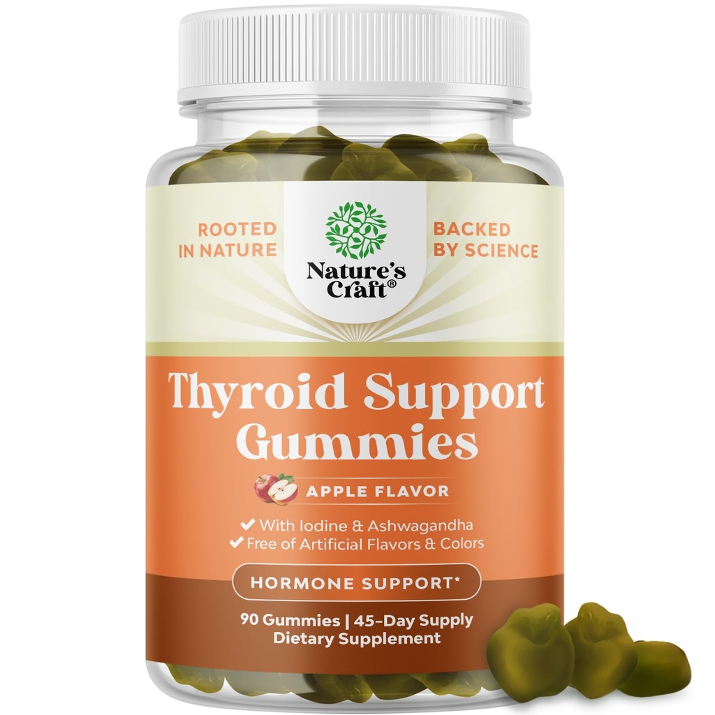 Natures Craft Thyroid Support Gummies - Thyroid Support Gummies for Comprehensive Support for Men and Women with Iodine Selenium and Other Potent Vitamins - Gelatin-Free Non-GMO - 90 Count