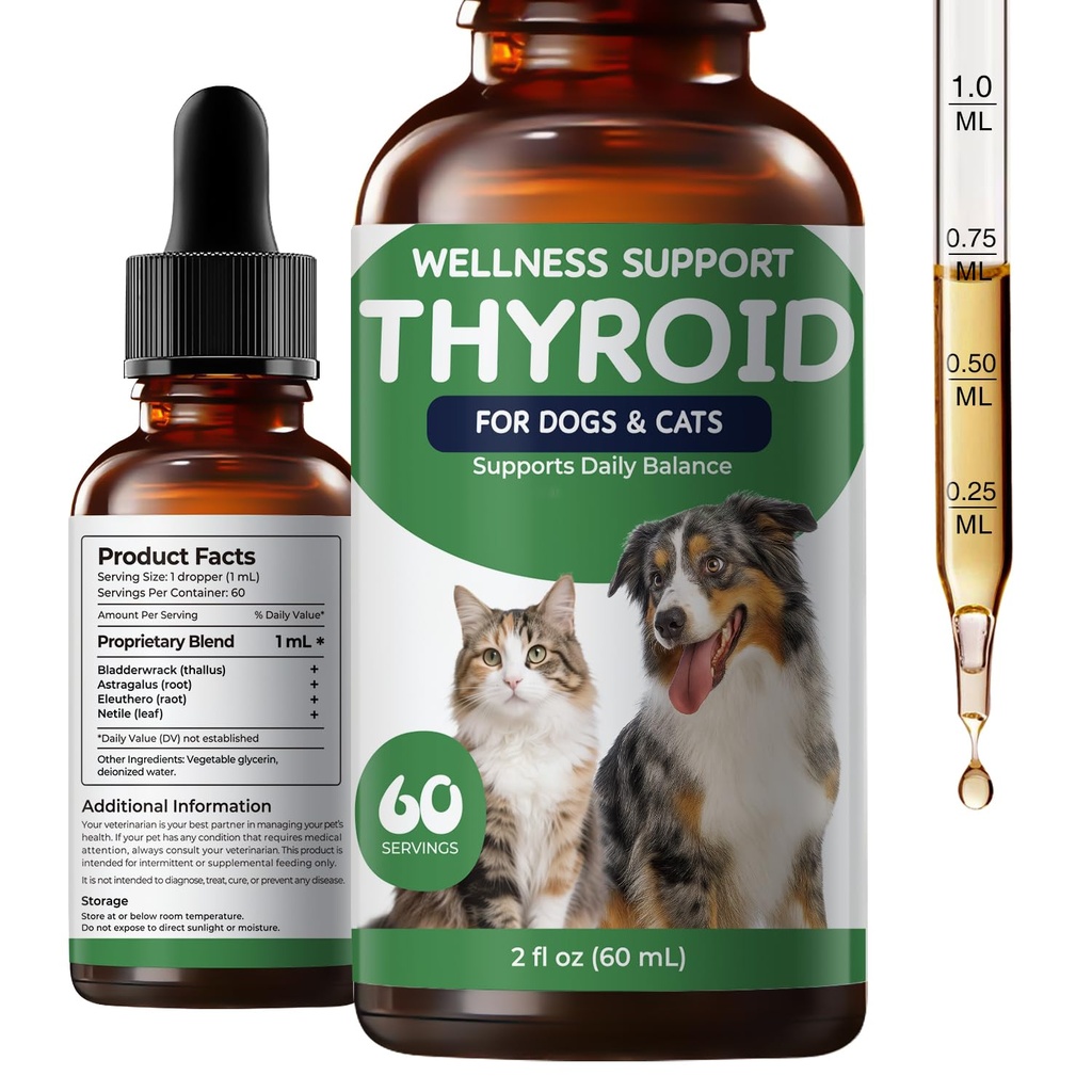 Thyroid Support for Dogs & Cats, Appetite Stimulant & Metabolism Drops | Herbal Formula with Bladderwrack, Astragalus & Nettle Leaf to Help Maintain Healthy Weight, Energy & Vitality, 2 fl oz