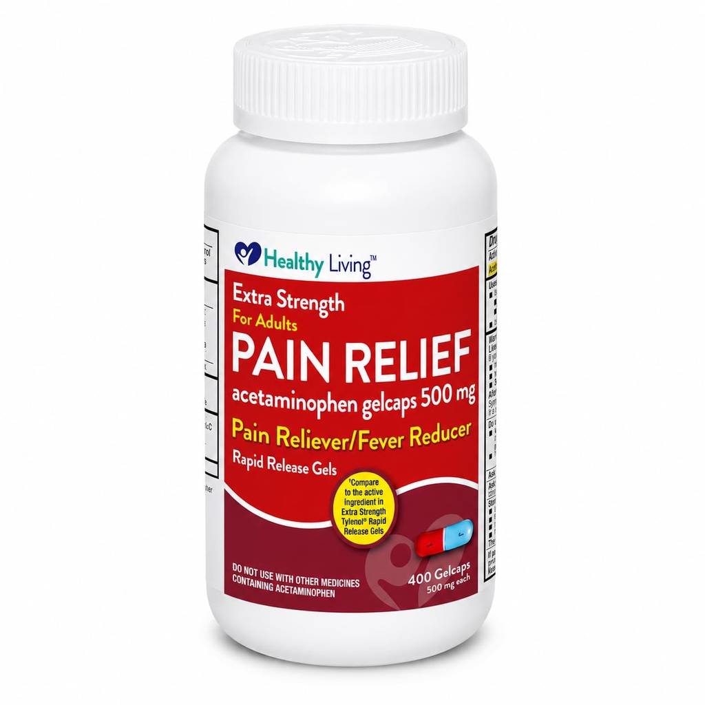 Healthy Living Extra Strength Acetaminophen Gelcaps for Pain Relief, 500mg, 400 Count