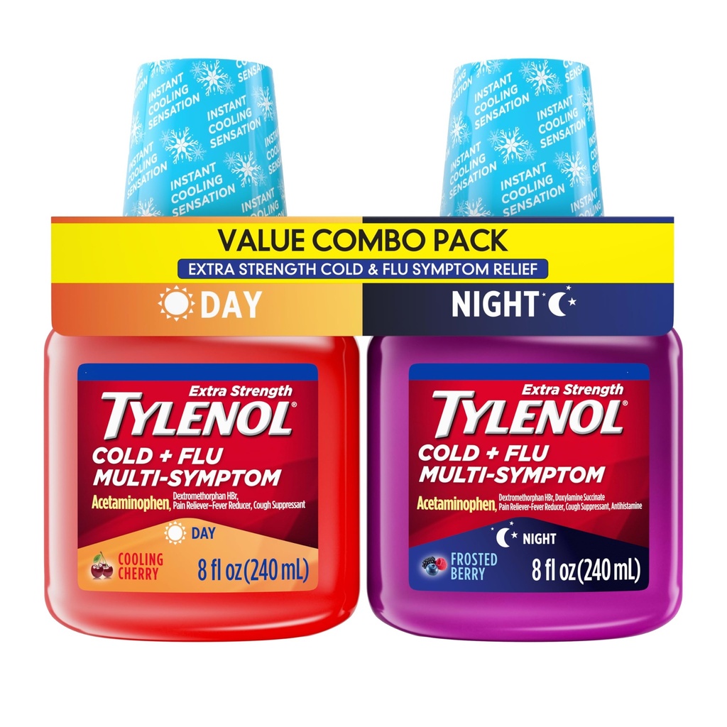 Tylenol Extra Strength Cold + Flu Multi-Symptom Relief Liquid, 2 x 8 fl oz | Day & Night Cold Medicine, Fever, Cough, Sore Throat, Headache & Body Pain Relief, Value Pack