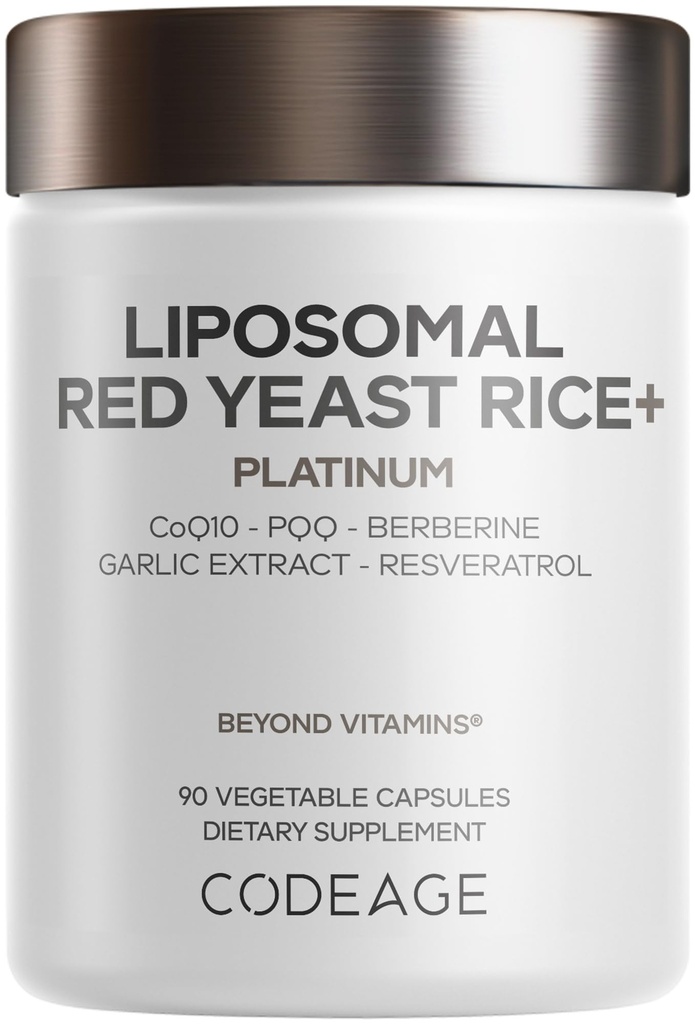 Codeage Liposomal Red Yeast Rice Supplement, CoQ10, Berberine, 90 Capsules | Liposomal red yeast rice, CoQ10, berberine, PQQ, resveratrol, garlic, grape seed extract. Non-GMO.