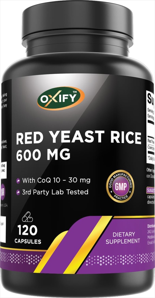 Oxify Red Yeast Rice with CoQ10, 120 Capsules | 1200 mg per 2 capsules, Gluten-Free, Non-GMO, Supplement Made in USA