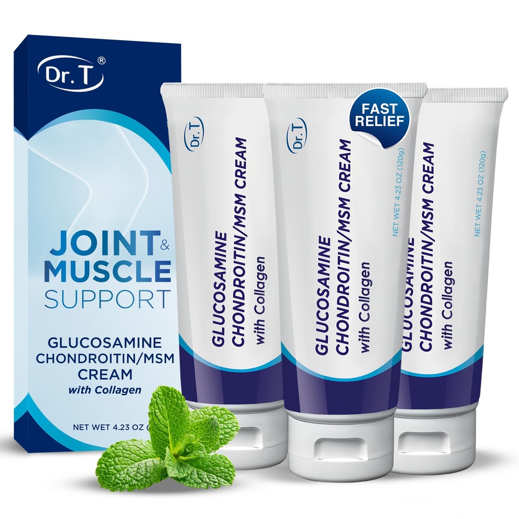 Dr. T Glucosamine Chondroitin Cream w/MSM & Collagen, 4.23 oz/ 120g 3 Pack | Glucosamine, Chondroitin, MSM, Collagen, Supports Joint Mobility, Flexibility, Muscle Comfort, Cooling Sensation, Cream