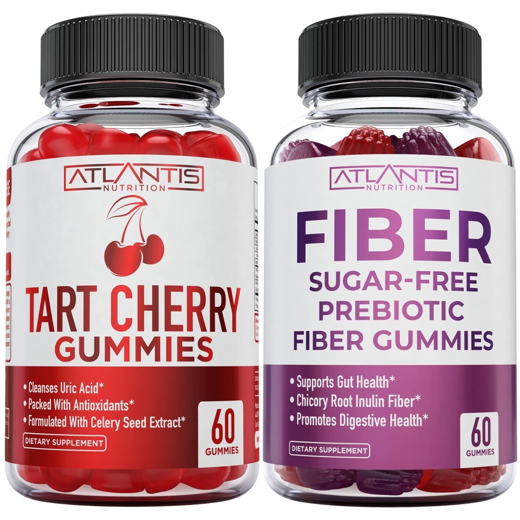Atlantis Nutrition Tart Cherry 60 Gummies + Sugar Free Prebiotic Fiber Gummies for Adults 2-Pack (120 Gummies)