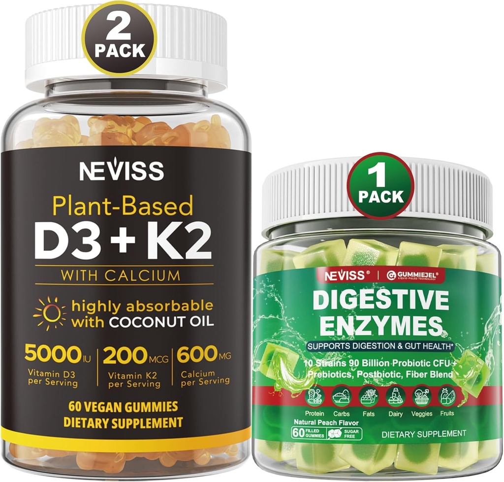 NAVISS Βιταμίνη D3 5000iu & K2, Gummys ασβεστίου & Digestive Ένζυμα Gummies