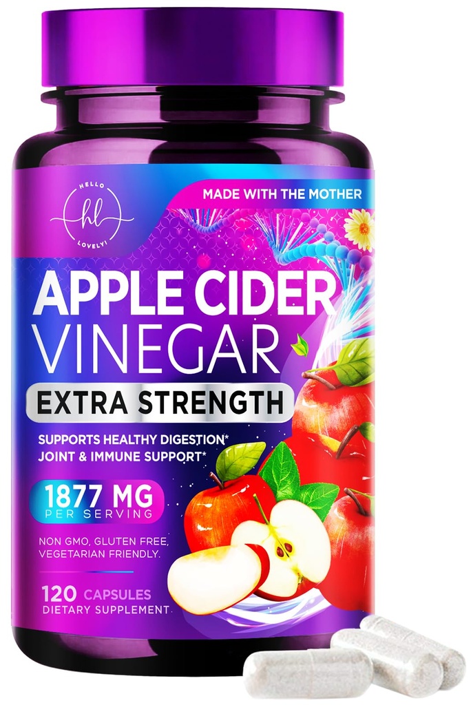 Apple Cider Vinegar 1877mg Per Serving - Extra Strength ACV Pills with Vitamin D3 - Non-GMO Apple Vinegar Supplement Capsules Sourced from The Mother for Digestion & Immune Support - 120 Capsules