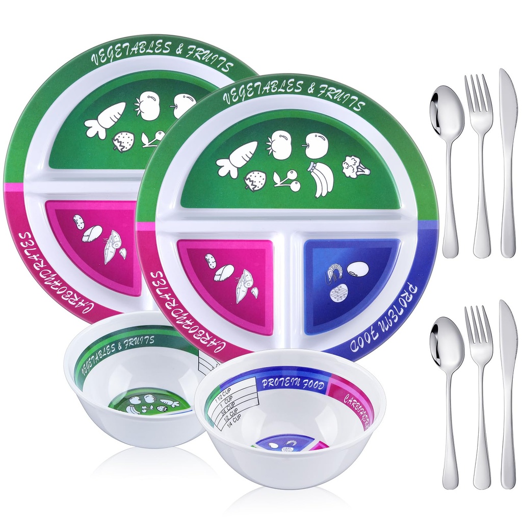 4 Pcs Portion Control Plate Bowls Set with 6 Pcs Stainless Steel Silverware 8.5 Inch Bariatric for Portion Control Divided Diet Bowl for Weight Loss Balanced Eating Adult