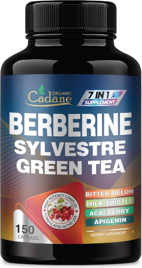 Cadane Berberine Extract - συμπλήρωμα βερβερίνης με Gymnema Sylvestre, Πράσινο Τσάι & Περισσότερα - 150 κάψουλες για ανοσοποιητικό σύστημα, υποστήριξη για την υγεία της πέψης