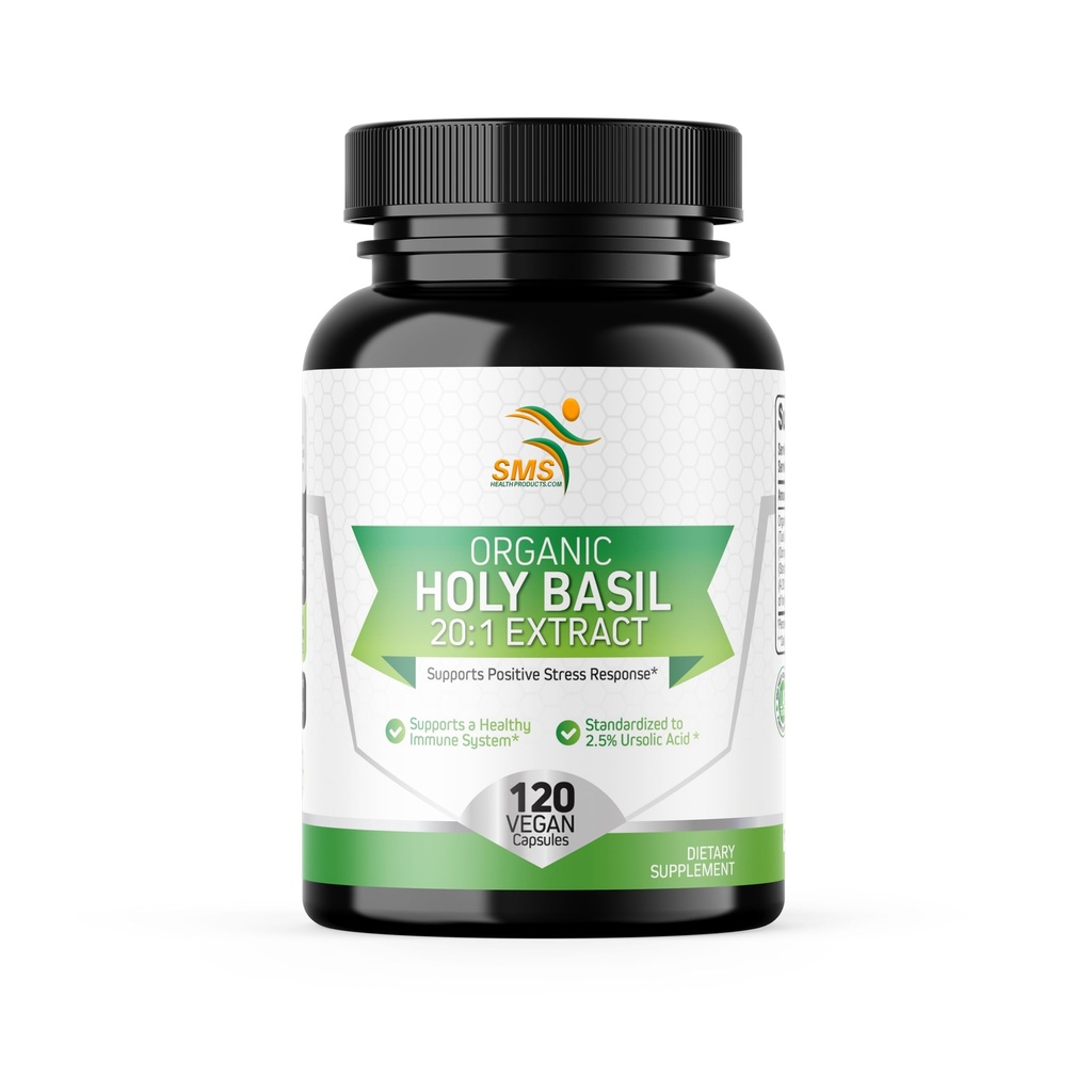 Holy Basil 20:1 Extract, No Fillers, Organic Tulsi Extract with 2.5% Ursolic Acid, Standardized Formula, 120 Vegan Capsules, Non GMO