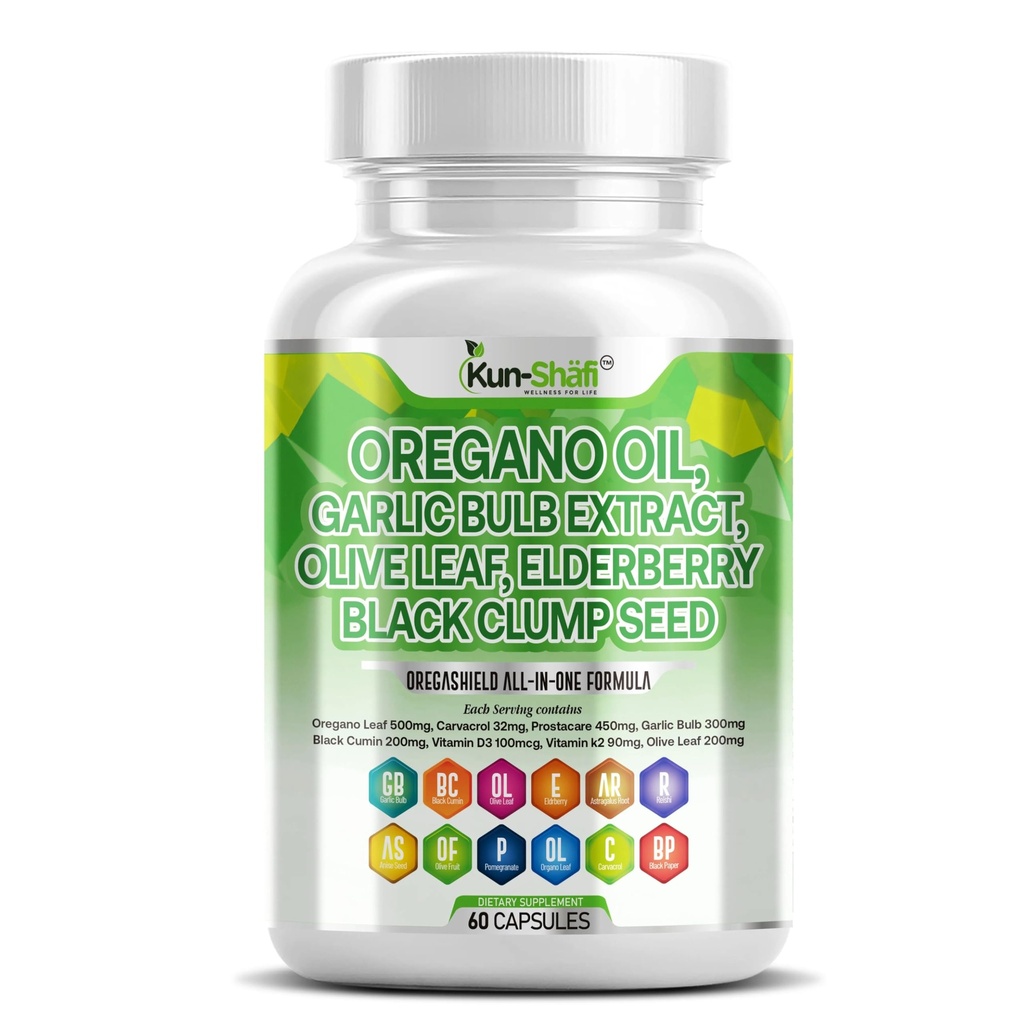 Oregano Oil Complex – Black Seed Oil, Garlic Olive Leaf Extract -Immune Support Carvacrol & Thymoquinone Supplement + Elderberry, D3, K2, Zinc – 60 Ct Capsules