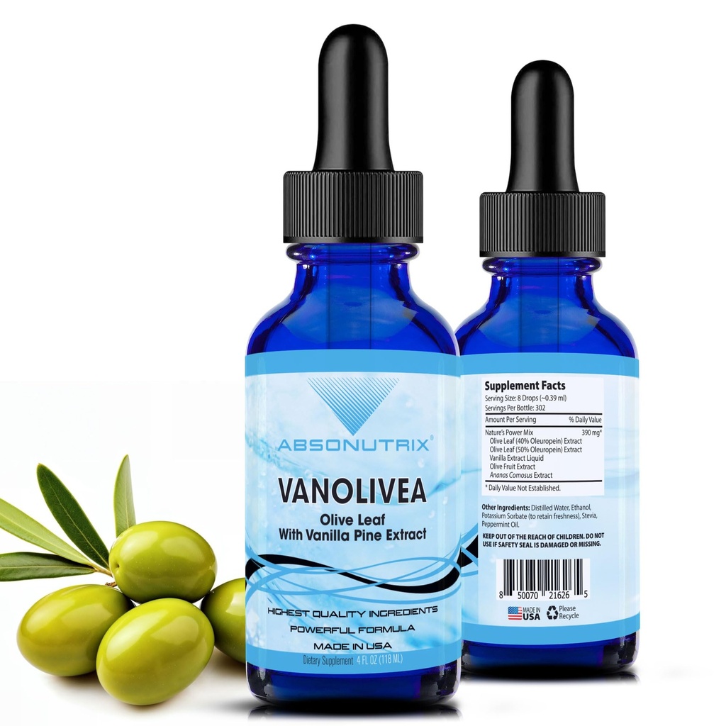 VanOlivea, 390 mg, 4 FL OZ Liquid, 302 Servings, Made in USA, Plant-Based Ingredients, Olive Leaf Extract, Vanilla Extract Liquid, Olive Fruit, Gluten-Free, Non-GMO, GMP Certified