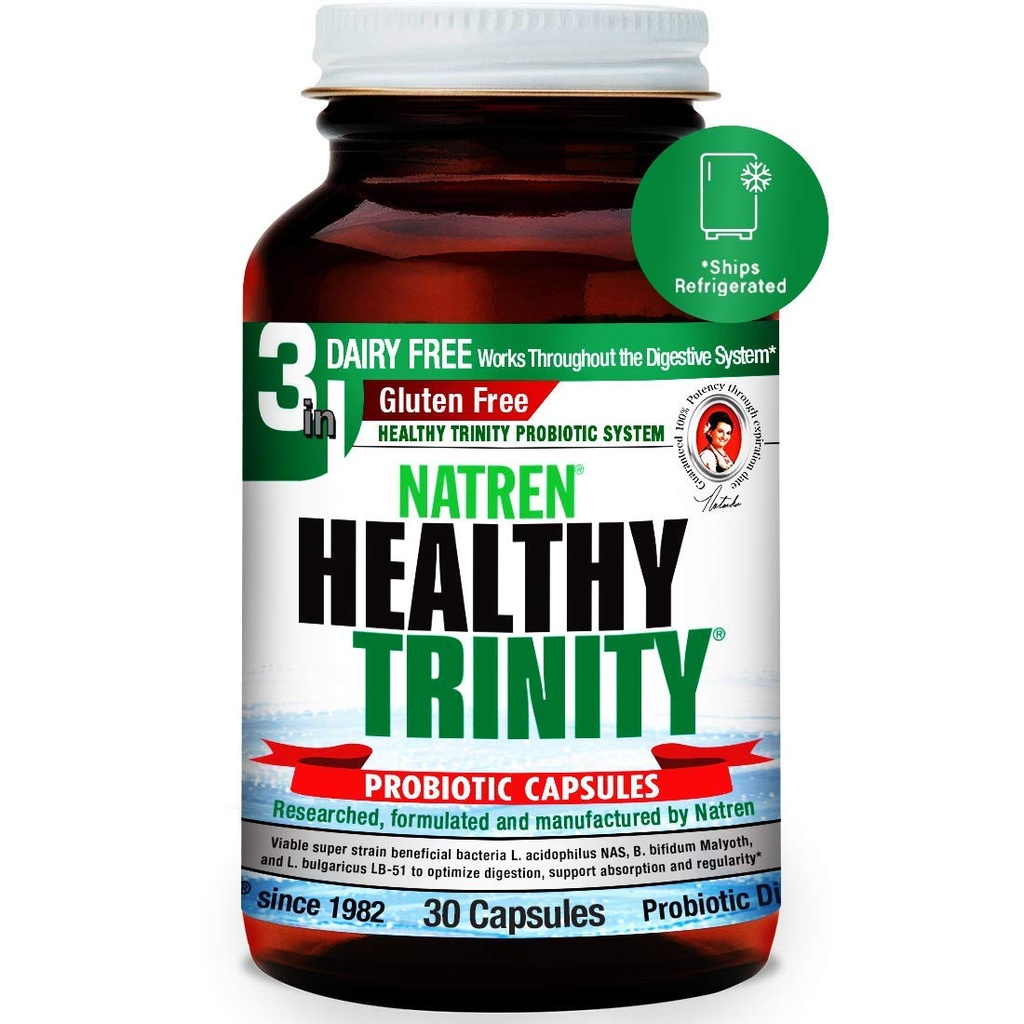 Natren Healthy Trinity Probiotics Supplement - 30 κάψουλες Gel χωρίς γαλακτοκομικά και γλουτένη - Βελτίωση της υγείας των ουροδόχων και των πνευμόνων, 30 δισεκατομμύρια CFU - Lactobacillus Acidophilus, Bifidobacterium, Bulgaricus
