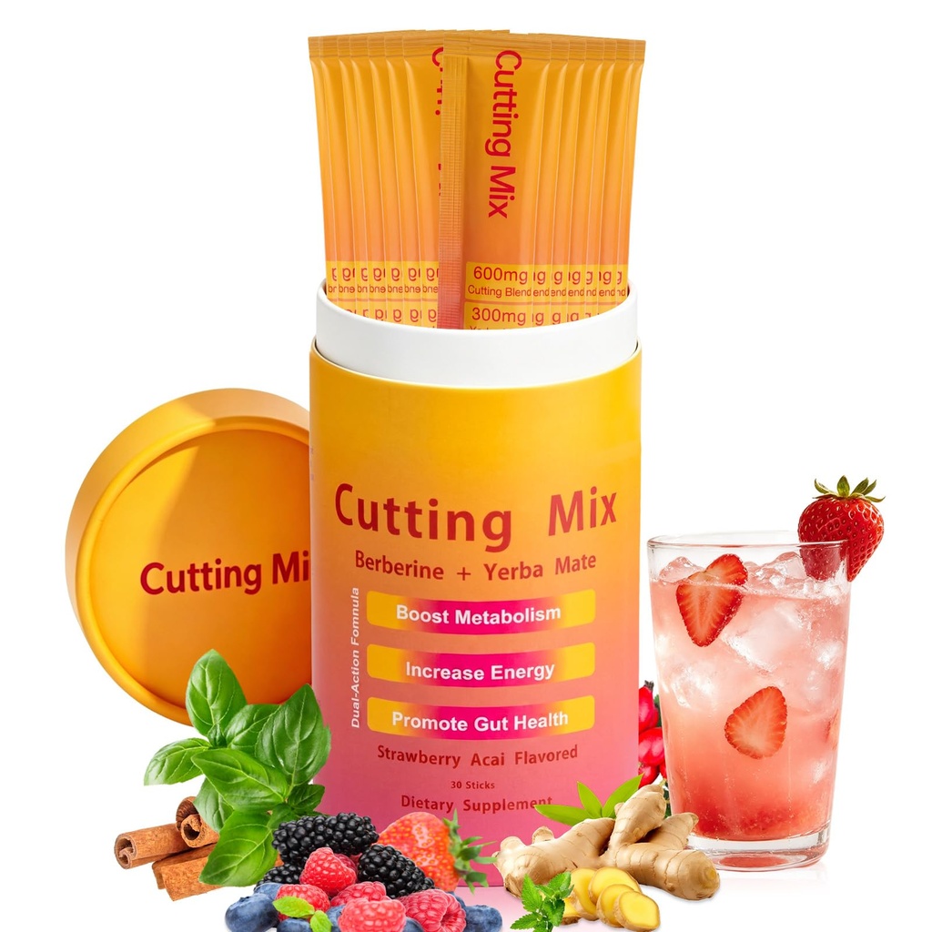 Cutting Drink Mix Powder, Strawberry Açaí Flavor, 30 Single Sticks | Formulated with Berberine, Yerba Mate & 5-HTP; Daily blend for balanced energy & gut wellness support