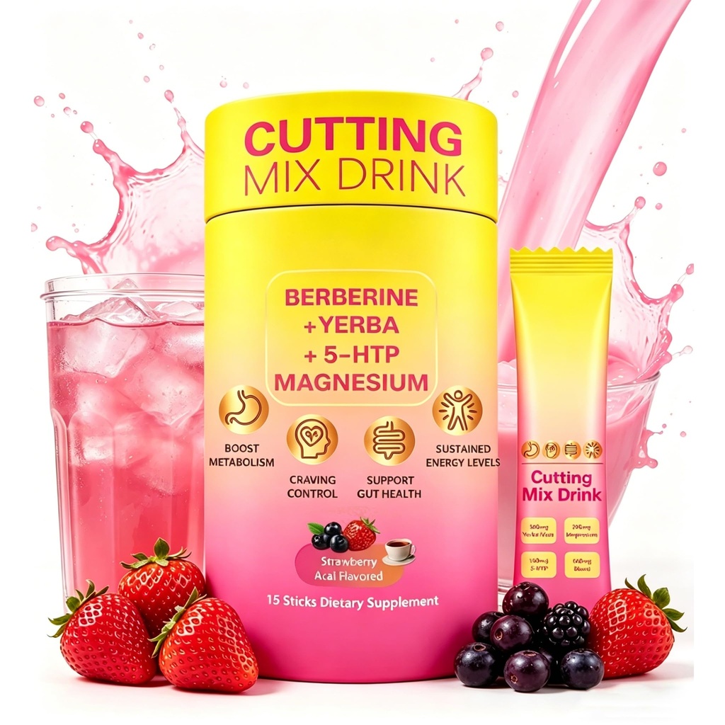 Cutting Drinking Mix - Digestive & Gut Health Support with Magnesium, Yerba Mate & 5-HTP for Sustained Energy, Sugar-Free Vegan Energy Drink Mix, Strawberry Acai, 15 Count