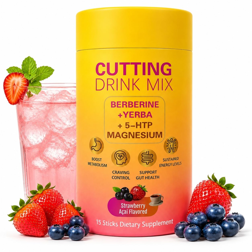 Cutting Drink Mix, Gut Health & Energy Support with Berberine,5-HTP, Yerba Mate & Magnesium,Fos, Strawberry Acai Flavor,15 Servings