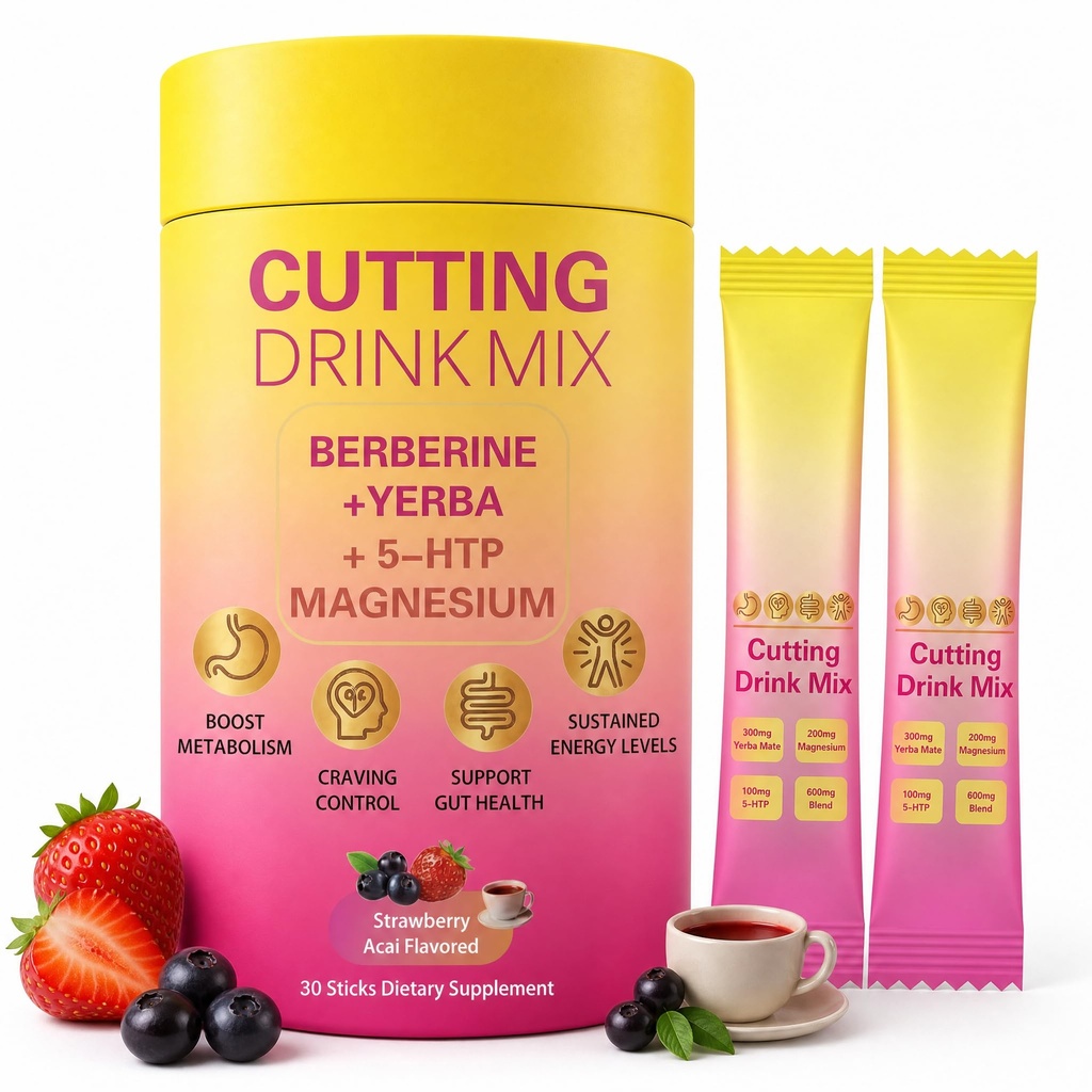 Cutting Drink Mix – Berberine Supports Healthy Digestion,Energy & Gut Health with Magnesium,Yerba Mate & 5-HTP,Vegan,Sugar-Free,Non-GMO,Strawberry Acai Flavored – 30 Sticks