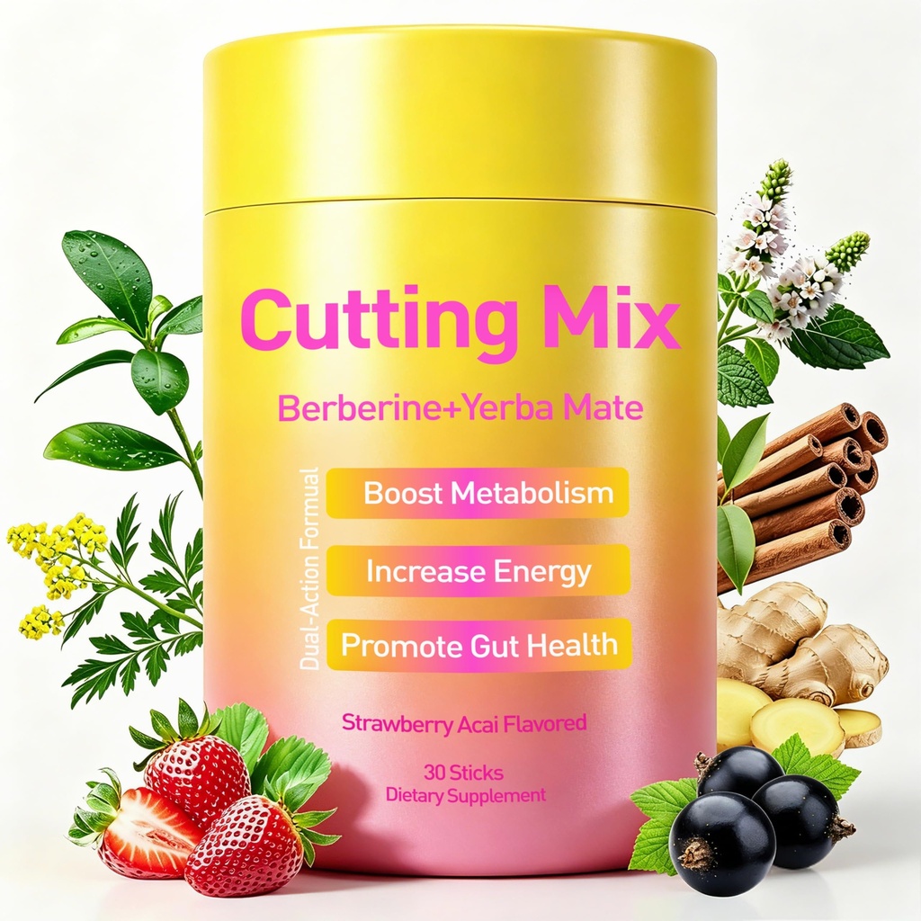 Cutting Drink Mix – Craving Control & Metabolism Support with Berberine, 5-HTP, Chromium & Yerba Mate – Gut Health Formula, Strawberry Acai Flavor, Vegan, Sugar-Free, 30 Packets