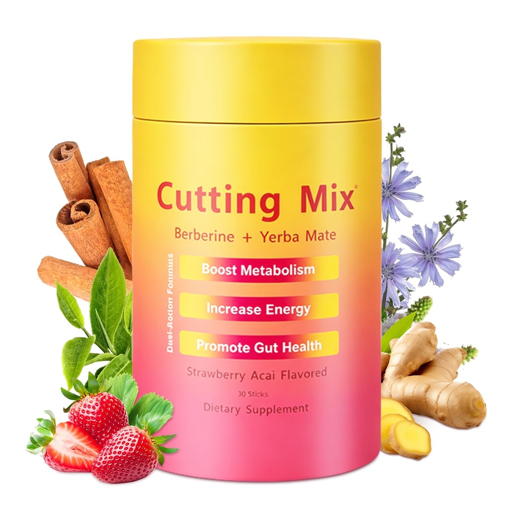 fugit Cutting Drink Mix Berberine, Chromium, 5-HTP, Yerba Mate & Magnesium - Dual-Action Craving & Gut Health | Strawberry Acai Flavor, Vegan, Sugar-Free, Non-GMO, 30 Packs
