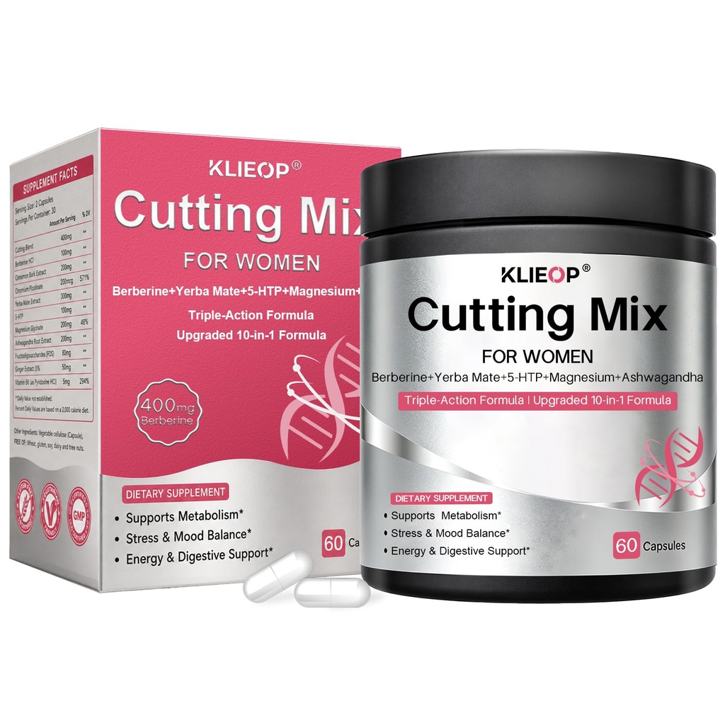 Cutting Mix Capsules with Berberine HCl, Ashwagandha Root Extract, Chromium Picolinate & Ceylon Cinnamon Bark, 60 Count | 5-HTP, Yerba Mate Extract, Magnesium Glycinate Supplement for Adults