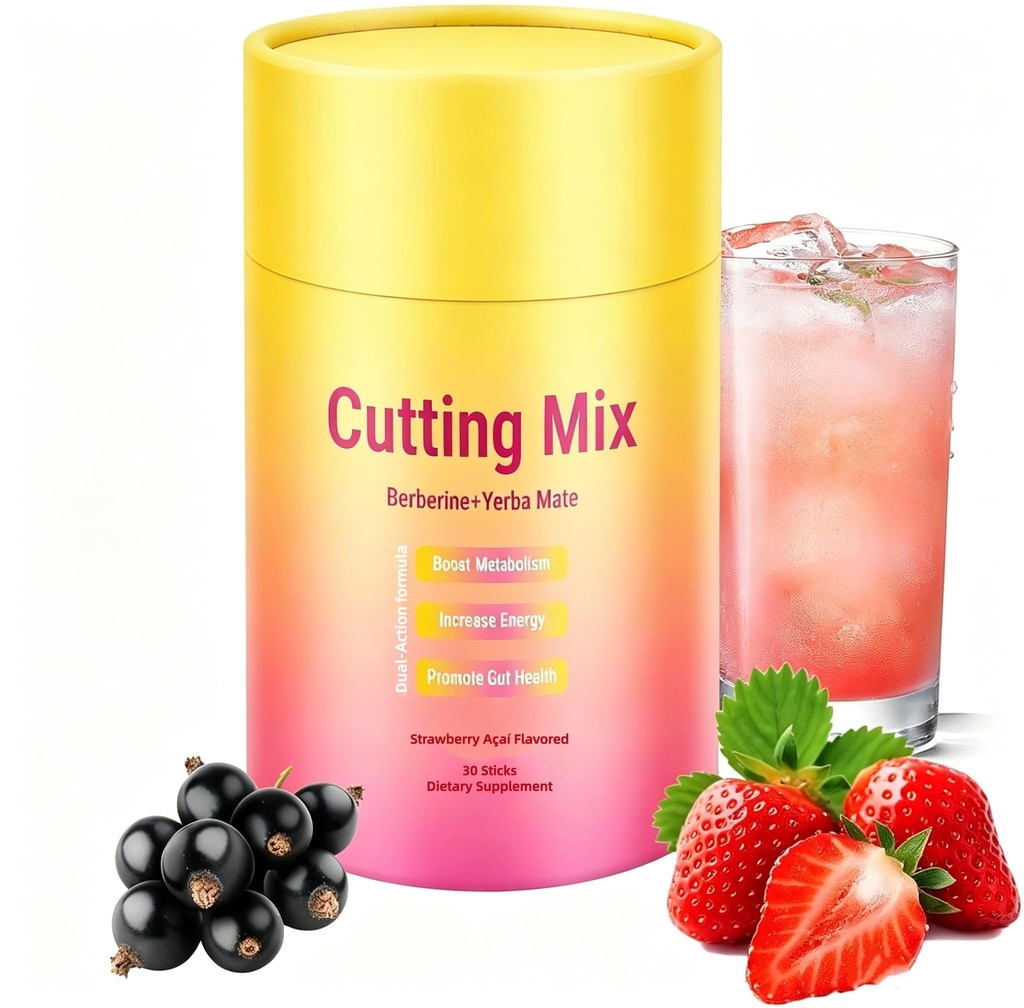 Cutting Mix Sticks Berberine 5-HTP Yerba Mate Strawberry Acai 30pk | Supports Daily Digestive Ease, Total Body Wellness, Steady Herbal Energy, Calming Mood, Nourishing Prebiotic Gut Formula