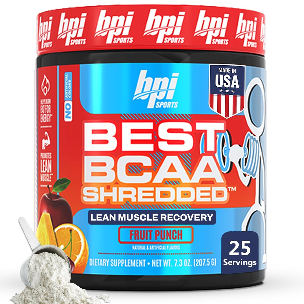 BPI Sports Best BCAA Shredded - Caffeine Free Thermogenic Recovery Drink, Lean Muscle Building BCAA Powder for Women and Men, Preworkout BCAAs Amino Acids Drink- Fruit Punch - 25 Servings
