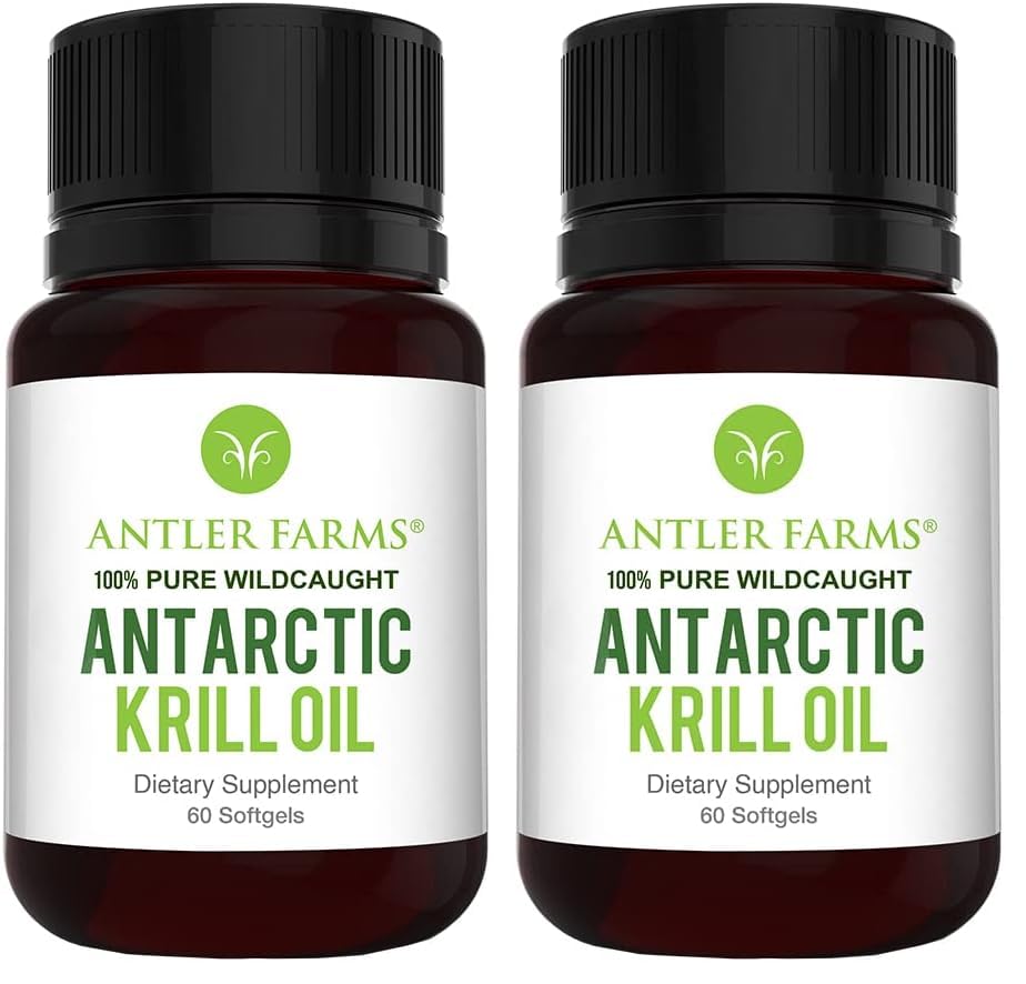 Antler Farms - 100% Pure Wild Caught Antarctic Krill Oil from Cold, Pristine Waters, 60 Softgels – Clean, Omega-3 EPA + DHA Supplement w/Astaxanthin, Rapid Absorption (Pack of 2)