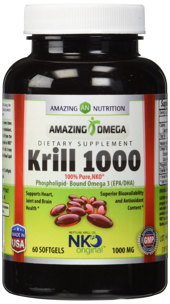 Amazing Omega Nko® Neptune Krill Oil 1000 Mg, 60 Softgels (Non-GMO, Gluten-Free) - Supports Heart, Joint & Brain Health and Superior bioavailability & antioxidant Content