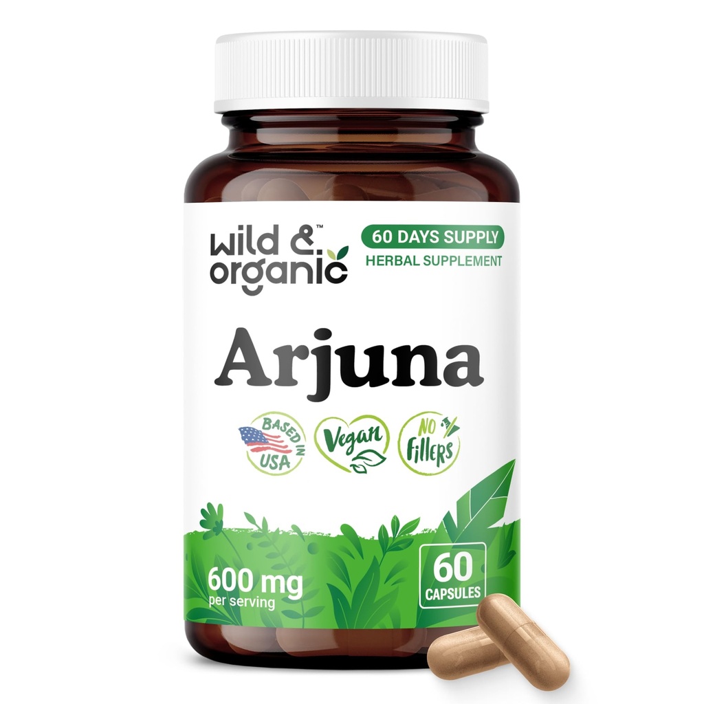 Wild & Organic Arjuna Bark Capsules - Antioxidant Support - 60 Count | Arjuna Powder Supplement - Terminalia Bark & Leaf Extract - Natural, Vegan, No Fillers, No Artificial Additives