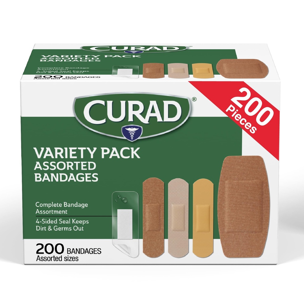 CURAD Assorted Adhesive Bandages, 4-Sided Seal, Variety Pack, 200 Count, 1 Pack