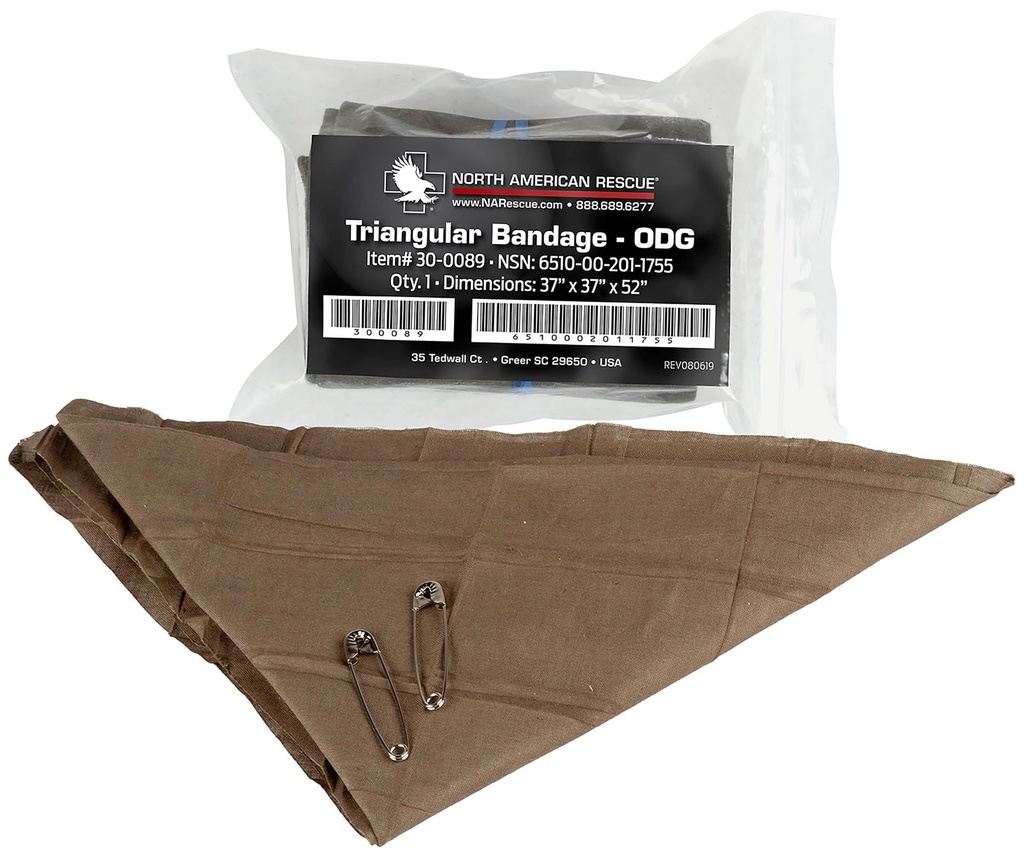 North American Rescue Triangular Bandage NAR Cravat Bandaging | First Aid Muslin Cloth with Safety Pins for Injuries, Wounds, Fractures, Dislocations, Sling