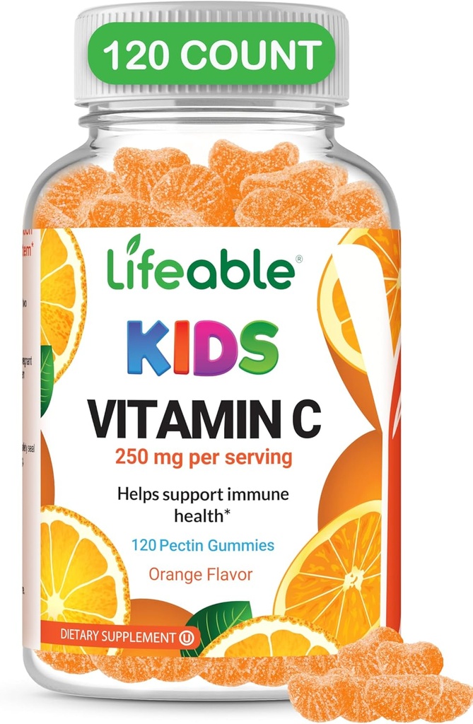 DOCTOR'S FINEST Vitamin C Gummies for Kids - Vegan, GMO Free & Gluten Free - Great Tasting Orange Flavor Pectin Chews - Kids Dietary Supplement - 250 mg of Vitamin C - 120 Jellies [60 Doses]