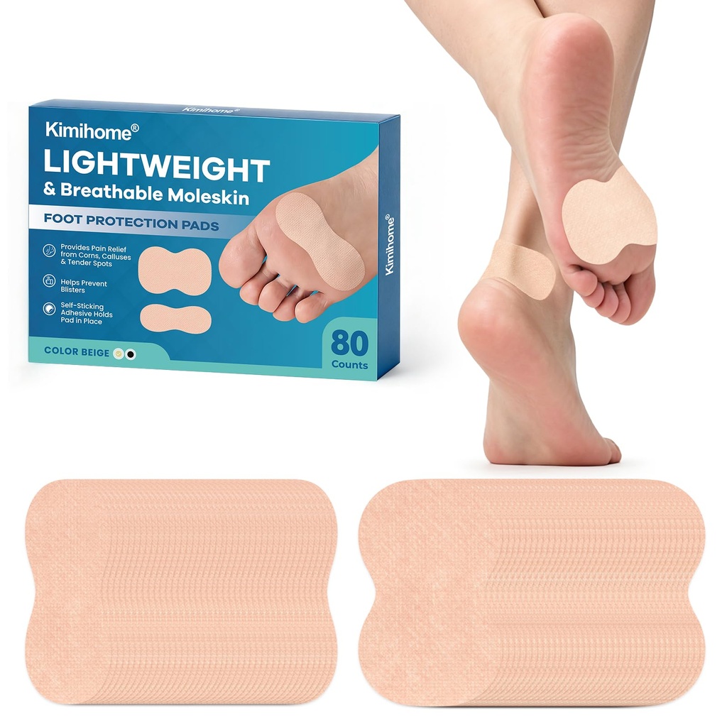 Kimihome Moleskin Tape for Blister Prevention - 80 ct Breathable Cushion Pads for Feet, Heel & Toes - Ultra-Thin Blister Bandages for Friction Protection, Ideal for Hiking - 2 Sizes
