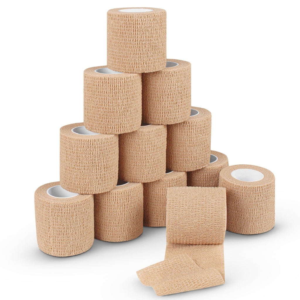 Ever Ready First Aid Self Adherent Cohesive Bandages 3" x 5 Yards - 12 Count, Tan