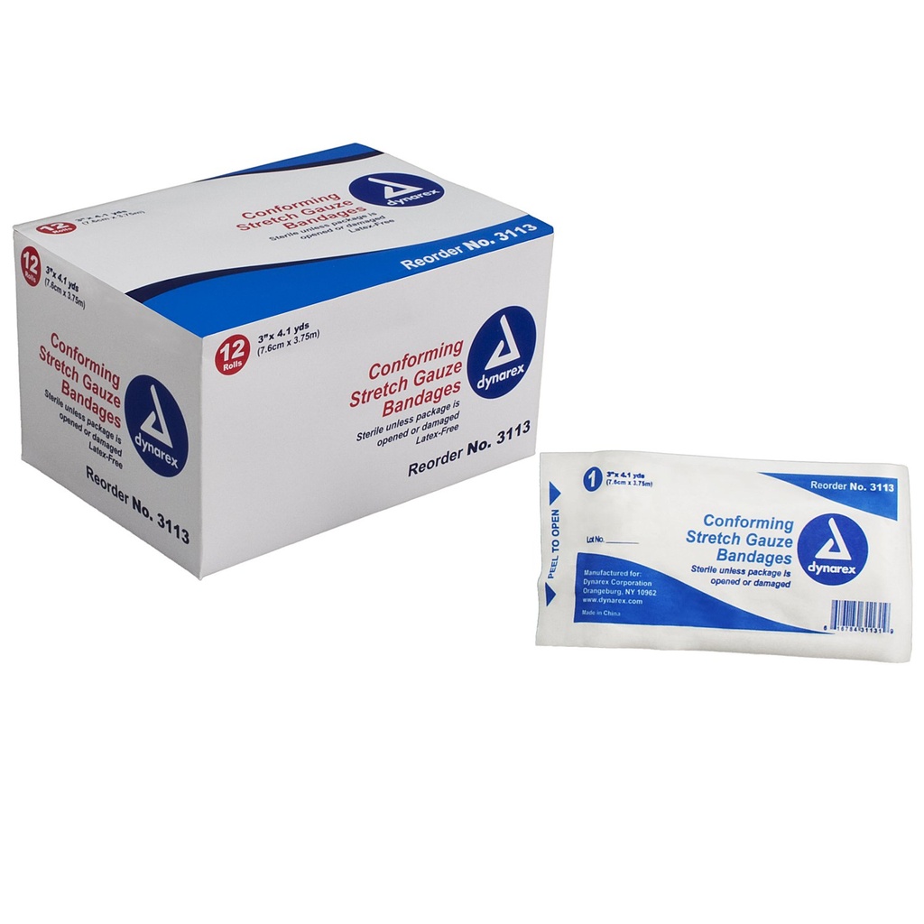 Dynarex Stretch Gauze Bandages, 3" x 4.1 yds, Sterile & Latex-Free, Wound Care in Medical and Home Environments, 1 Box of 12 Dynarex Stretch Gauze Bandages