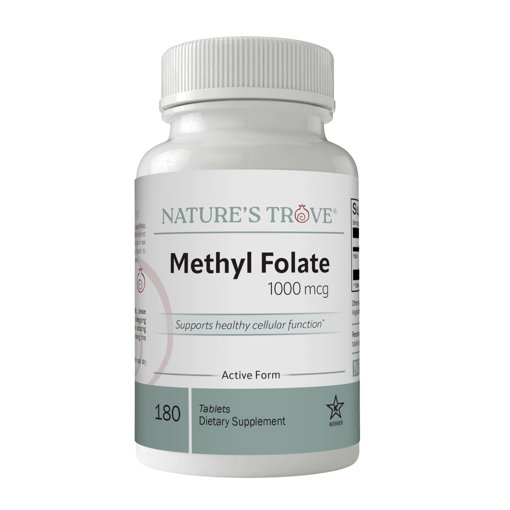 Nature's Trove Methyl Folate 1000 mcg (L-5-MTHF) – Active Methylated Folate for Methylation, Energy, Mood – 180 Tablets – Homocysteine Support – Kosher Certified