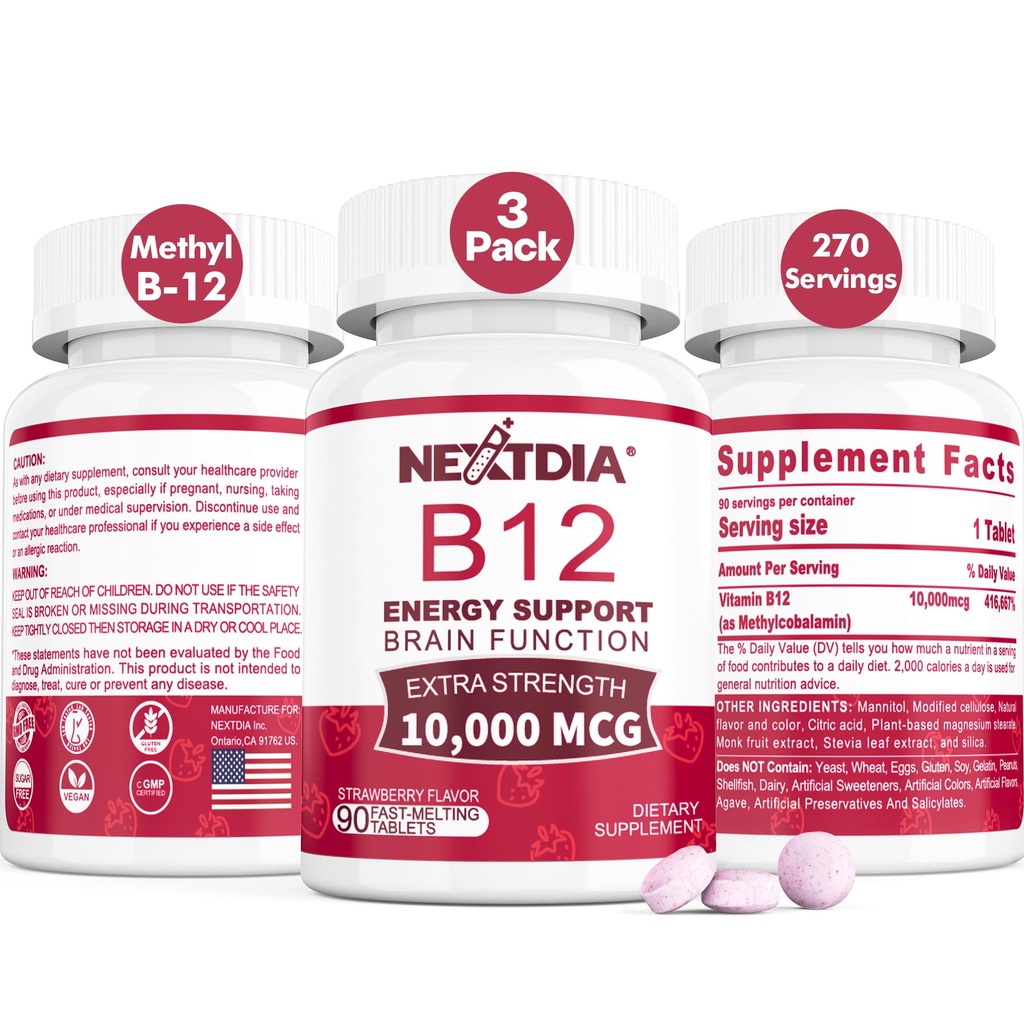 Vitamin B12 10,000 mcg Sublingual, Methylcobalamin, Sugar Free,270 Servings | Methylated Vitamin B12 Sublingual for Energy Boost, Metabolism, Blood Cell Function, Methylation, Vegan, No-GMO Fast Dissolve